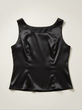 Black Satin Elegant Scoop Neck Sleeveless Top Side Zipper – Size Medium